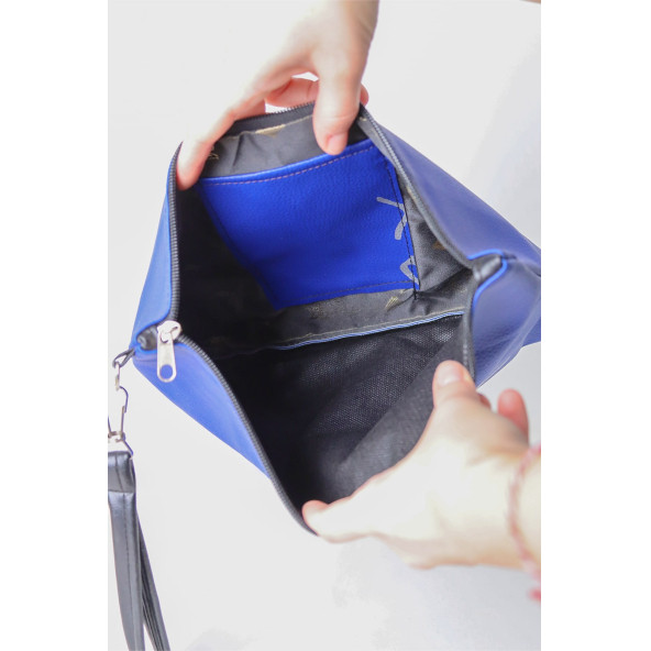 Kadın Vegan Deri Clutch Fermuarlı Mavi Baskılı Omuz Çantası - 5