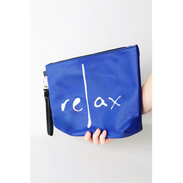 Kadın Vegan Deri Clutch Fermuarlı Mavi Baskılı Omuz Çantası - 6