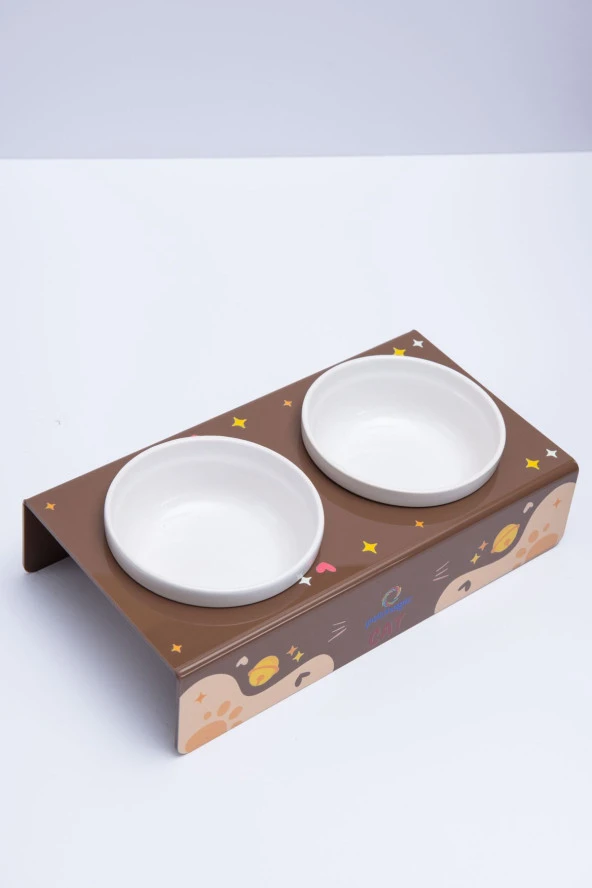 Petmagic Akrilik Pleksi Evcil Hayvan Beyaz Seramik Kaseli Kedi Mini Köpek Mama Su Kabı - Kahve Cat - 3