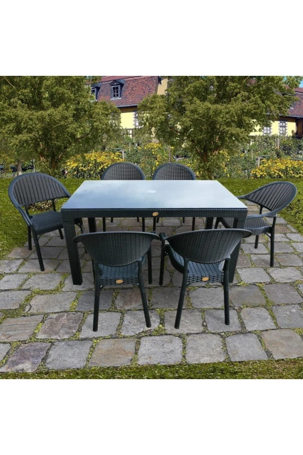 Sadık Plastik Sp Capissi Rattan Siyah Masa Takımı 90*150 Camlı Masa 6 Adet Bambu Rattan Koltuk