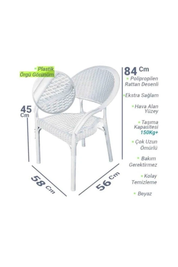 Sadık Plastik Sp Capissi Bambu  Beyaz Rattan Kollu Sandalye Koltuk 4 Adet