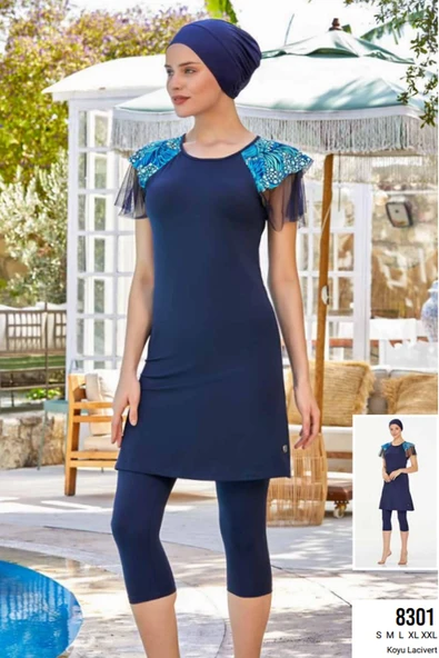 Maresiva Kadın Likralı Kolları Tül Detaylı Yarı Tesettür Mayo Koyu Lacivert 8301 ürün görseli