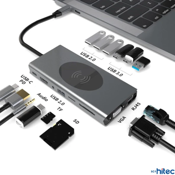 ScHitec 15in1 Hub Kablosuz Şarj/Type-C to 4K HDMI/UsbA 3.0/TF SD/VGA/3.5mm/AUX/PD/RJ45 Gigabit Ethernet Dönüştürücü Adaptör - 2