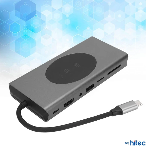 ScHitec 15in1 Hub Kablosuz Şarj/Type-C to 4K HDMI/UsbA 3.0/TF SD/VGA/3.5mm/AUX/PD/RJ45 Gigabit Ethernet Dönüştürücü Adaptör - 3