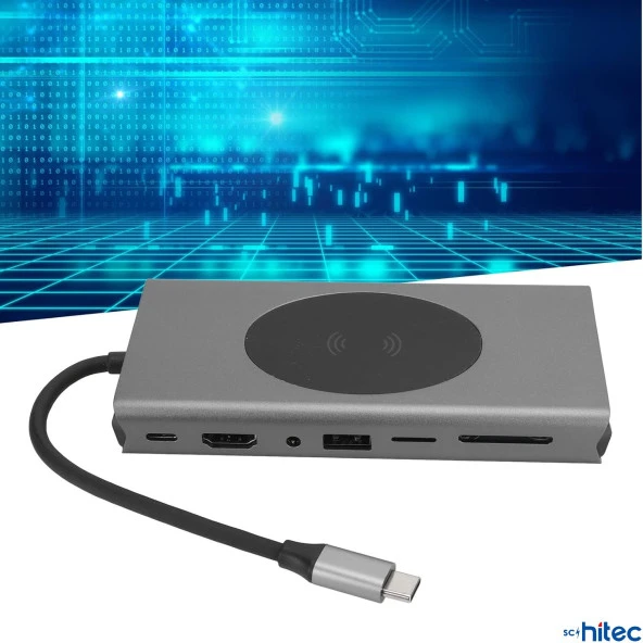 ScHitec 15in1 Hub Kablosuz Şarj/Type-C to 4K HDMI/UsbA 3.0/TF SD/VGA/3.5mm/AUX/PD/RJ45 Gigabit Ethernet Dönüştürücü Adaptör - 4
