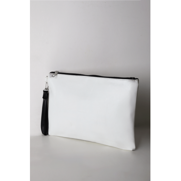 Kadın Vegan Deri Clutch Fermuarlı Beyaz Baskılı Omuz Çantası - 3
