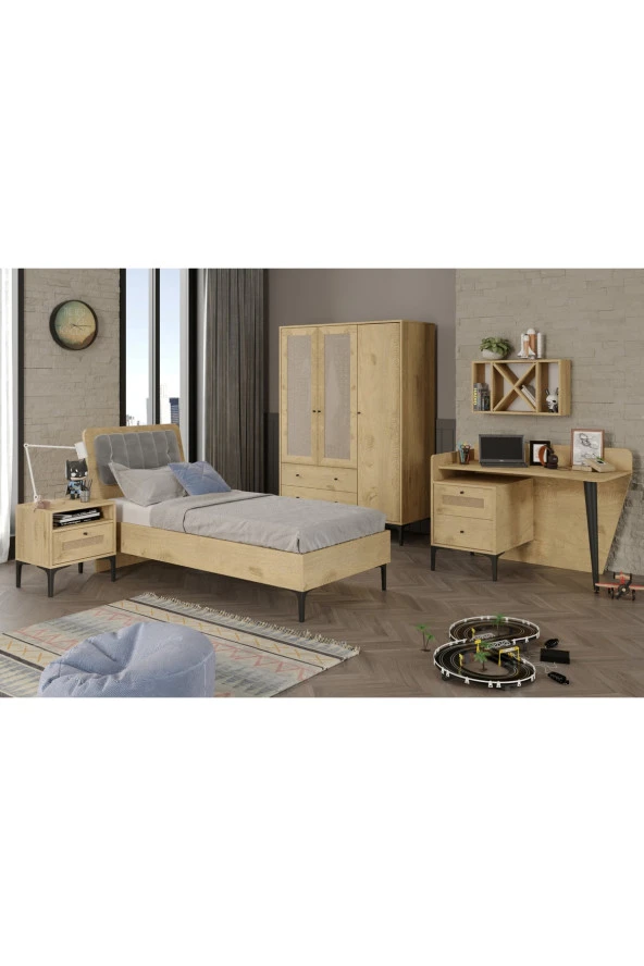 VENATTO Trio L Genç Odası Meşe - Trio 3 Kapılı Dolap, Trio Çalışma Masası, Trio Komodin, Trio Karyola 90X190 (%100Mdf)