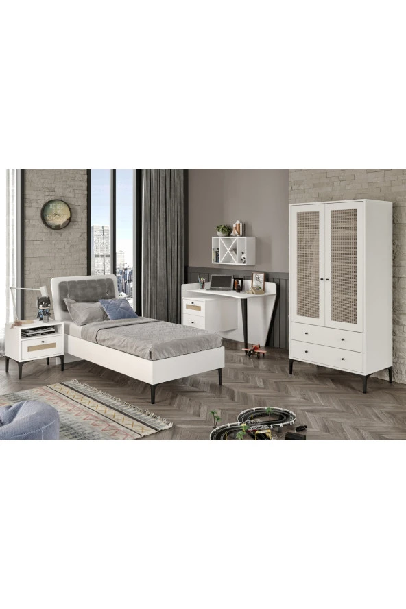 VENATTO Trio M Genç Odası Beyaz - Trio 2 Kapılı Dolap, Trio Çalışma Masası, Trio Komodin, Trio Karyola 90X190 (%100Mdf)