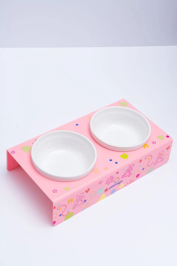 Petmagic Akrilik Pleksi Evcil Hayvan Beyaz Seramik Kaseli Kedi Mini Köpek Mama Su Kabı- Pembe Ayıcık - 3