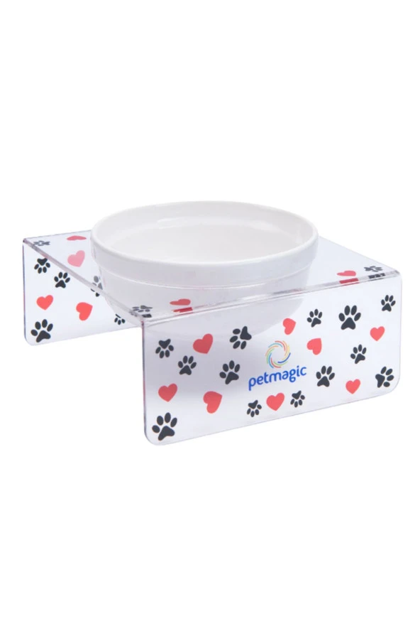 Petmagic Akrilik Beyaz Seramik Tekli Evcil Hayvan Kedi ve Mini Irk Köpek Mama Kabı Siyah Pati ürün görseli 1