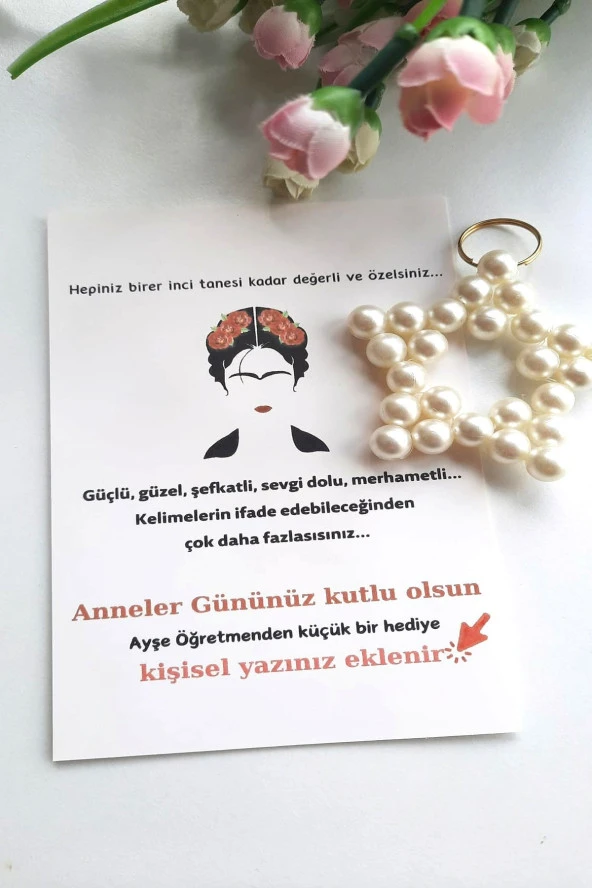 25 Adet Kişiye Özel Kartlı İnci Anahtarlık - Kahlo Konsept - Anneler Günü Hediyesi -