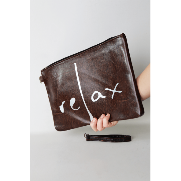 Kadın Vegan Deri Clutch Fermuarlı Kahverengi Baskılı Omuz Çantası - 2