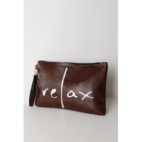 Kadın Vegan Deri Clutch Fermuarlı Kahverengi Baskılı Omuz Çantası - 3