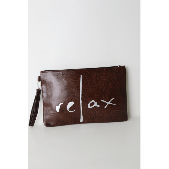 Kadın Vegan Deri Clutch Fermuarlı Kahverengi Baskılı Omuz Çantası - 4