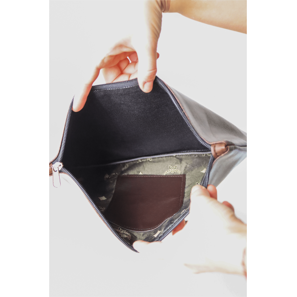 Kadın Vegan Deri Clutch Fermuarlı Kahverengi Baskılı Omuz Çantası - 5