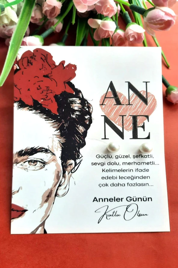 20 Adet İnci Küpe-  FRIDA FACE Kuşe Kartlı Anneler Günü Hediyesi - Jelatinli - 3