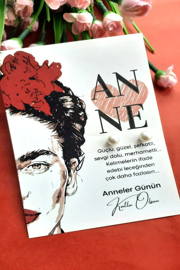 5 Adet İnci Küpe-  FRIDA FACE Kuşe Kartlı Anneler Günü Hediyesi - Jelatinli - 2