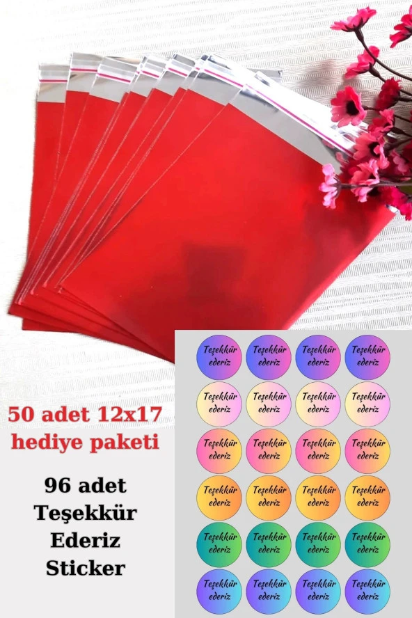 50 Adet Kırmızı Bantlı Hediye Paketi ve 96 Adet Teşekkür Ederiz Sticker Seti - Ambalaj Paketleme