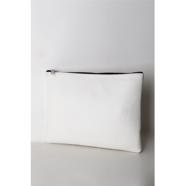 Kadın Vegan Deri Clutch Fermuarlı Beyaz Nota Figürlü Baskılı Omuz Çantası - 2