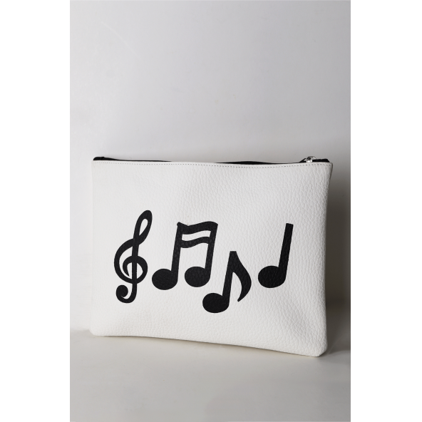 Kadın Vegan Deri Clutch Fermuarlı Beyaz Nota Figürlü Baskılı Omuz Çantası - 3