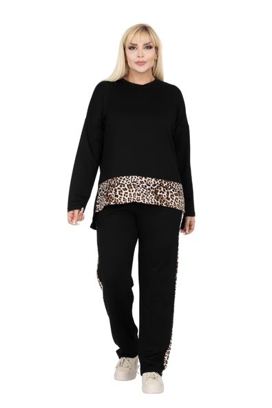 Melsay Butik Siyah Leopar Şeritli Büyük Beden Kadın Eşofman Takımı ürün görseli 1