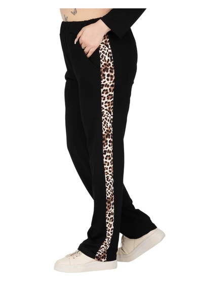 Melsay Butik Siyah Leopar Şeritli Büyük Beden Kadın Eşofman Takımı - Resim 5