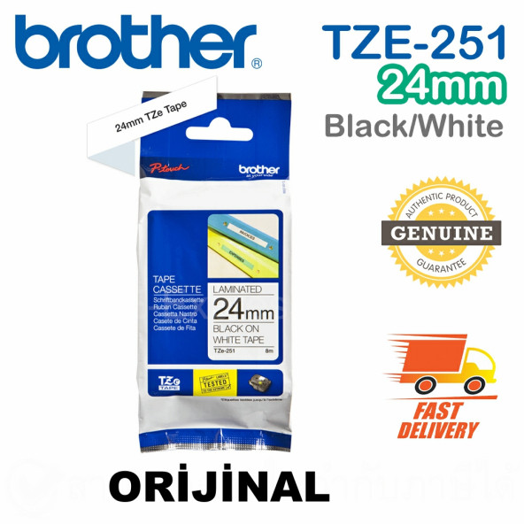 Brother P-Touch TZE-251 24MM x 8m Beyaz Üzerine Siyah Orijinal Laminasyon Etiket Şeridi