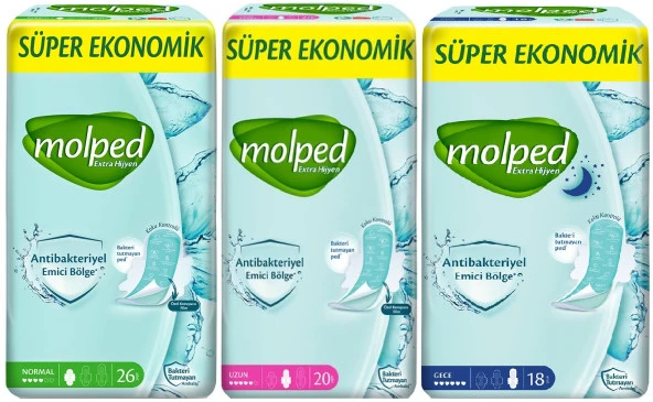 Molped Antibakteriyel Hijyenik Ped Süper Eko Pk Normal + Uzun + Gece 64 Adet Karma Pk