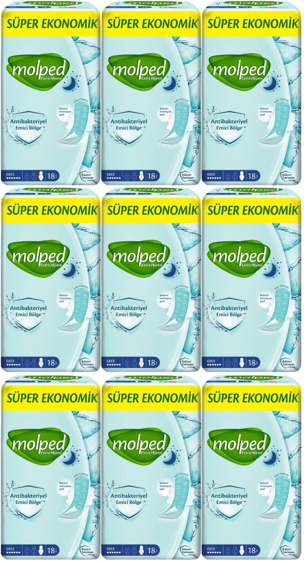 Molped Antibakteriyel Hijyenik Ped Gece 162 Adet Süper Ekonomik Pk (9PK*18)