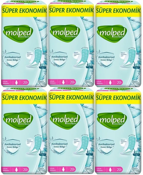 Molped Antibakteriyel Hijyenik Ped Uzun 120 Adet Süper Ekonomik Pk (6PK*20)