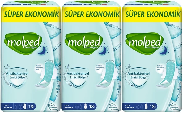 Molped Antibakteriyel Hijyenik Ped Gece 54 Adet Süper Ekonomik Pk (3PK*18)