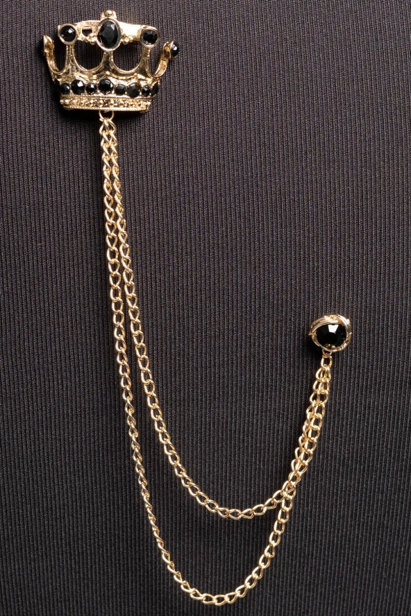 Esgue Gold Siyah Taşlı Kral Tacı Zincirli Ceket Yaka İğnesi - 2