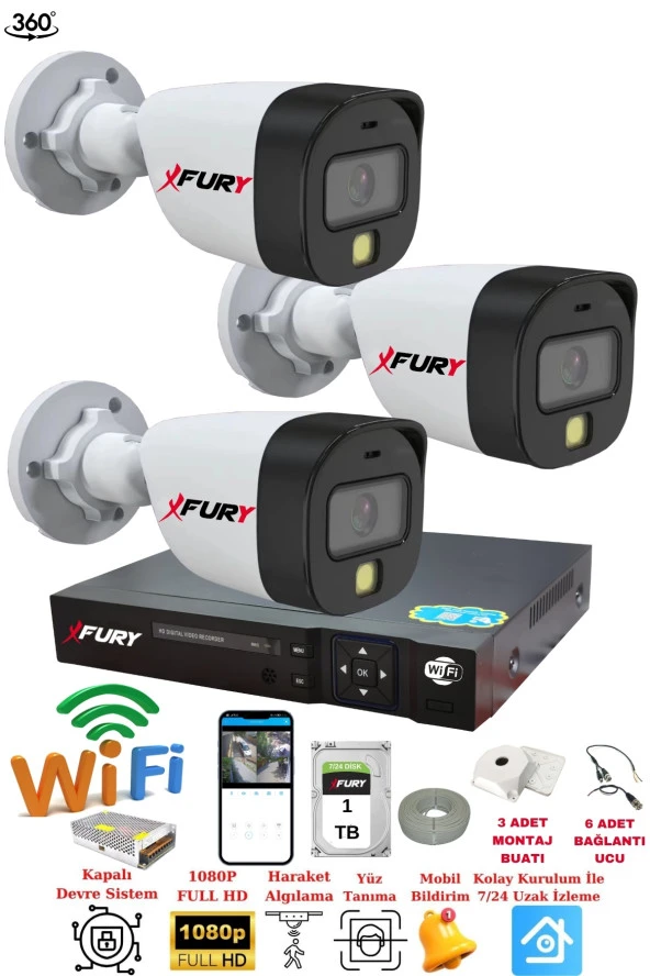 FURY 3 Kameralı 1080P 2Mp Görüntü Gece Renkli Full Hd Ultra Led Gece Renkli Güvenlik Kamerası Seti 1TB - Resim 2