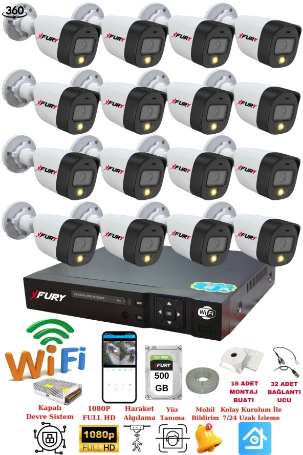 FURY 16 Kameralı 1080P 2Mp Görüntü Gece Renkli Full Hd Ultra Led Gece Renkli Güvenlik Kamerası Seti 500GB ürün görseli
