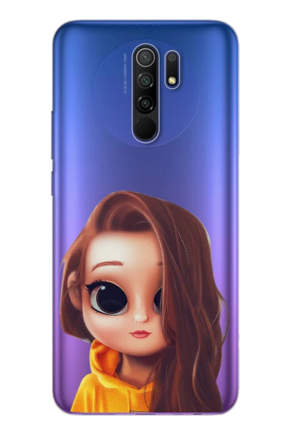 Kahve Saçlı Kız Tasarımlı Süper Şeffaf Silikon Telefon Kılıfı Xiomai Redmi 9