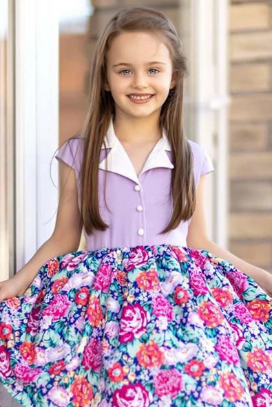 Kız Çocuk Gömlek Yaka Çiçek Baskılı Lila Elbise - Resim 7