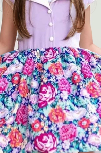 Kız Çocuk Gömlek Yaka Çiçek Baskılı Lila Elbise - Resim 3