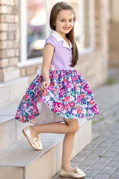 Kız Çocuk Gömlek Yaka Çiçek Baskılı Lila Elbise - Resim 6