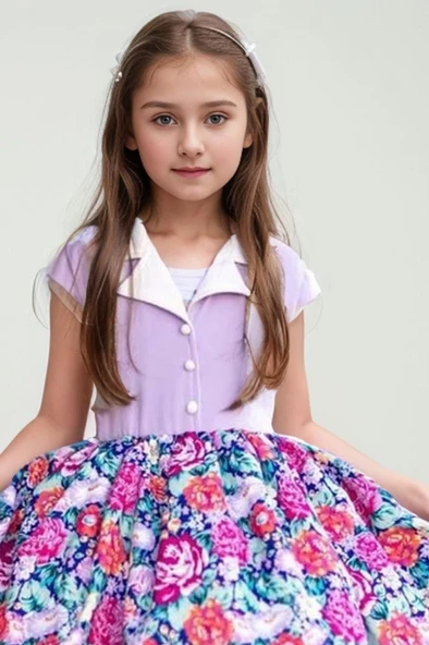 Kız Çocuk Gömlek Yaka Çiçek Baskılı Lila Elbise - Resim 2