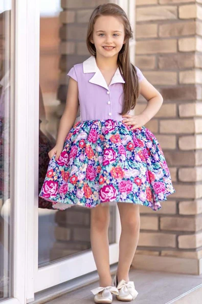 Kız Çocuk Gömlek Yaka Çiçek Baskılı Lila Elbise - Resim 5