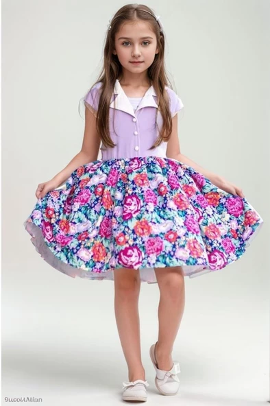 Kız Çocuk Gömlek Yaka Çiçek Baskılı Lila Elbise ürün görseli