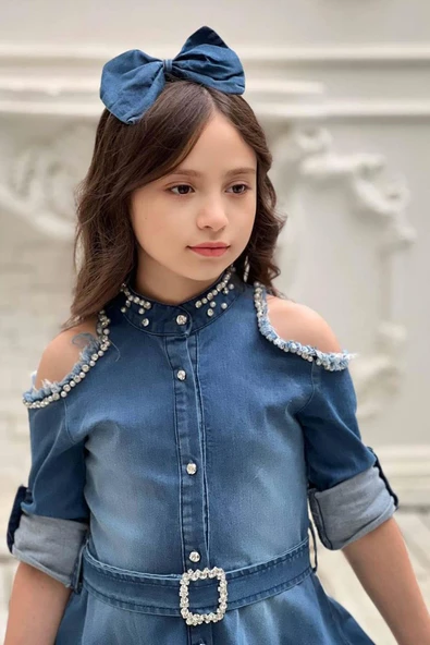 Kız Çocuk Omuzu ve Yakası Taş İşlemeli Lacivert Kot Elbise - Resim 4