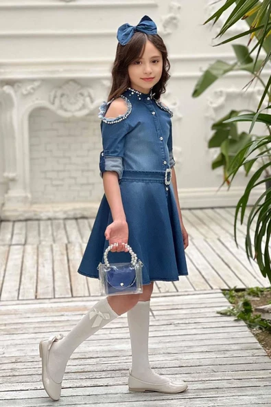 Kız Çocuk Omuzu ve Yakası Taş İşlemeli Lacivert Kot Elbise - Resim 2