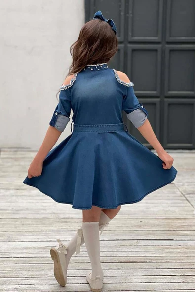 Kız Çocuk Omuzu ve Yakası Taş İşlemeli Lacivert Kot Elbise - Resim 3