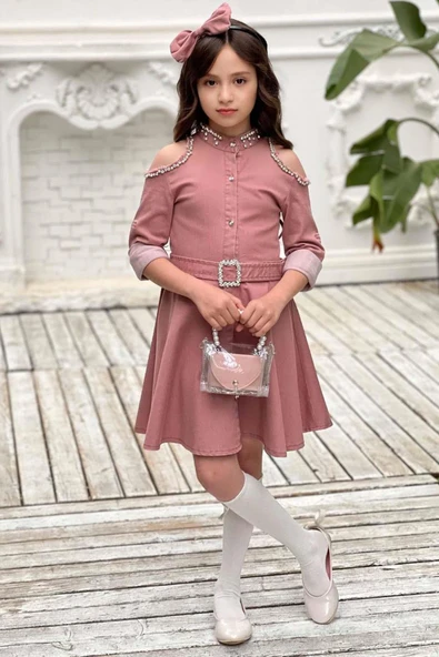 Kız Çocuk Omuzu ve Yakası Taş İşlemeli Pudra Elbise - Resim 7