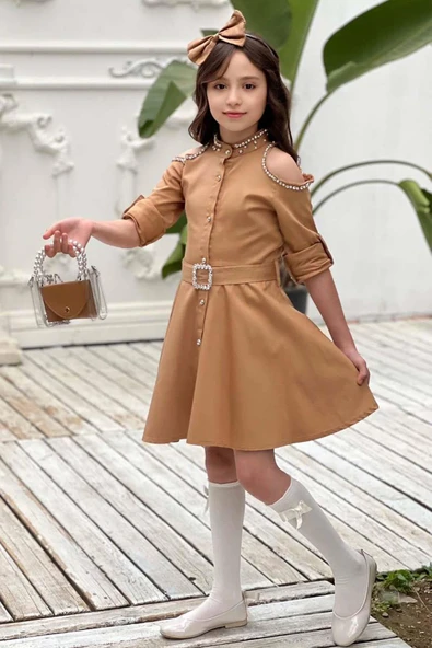 Kız Çocuk Omuzu ve Yakası Taş İşlemeli Kahverengi Elbise - Resim 2