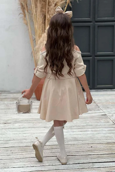 Kız Çocuk Omuzu ve Yakası Taş İşlemeli Bej Kot Elbise - Resim 3