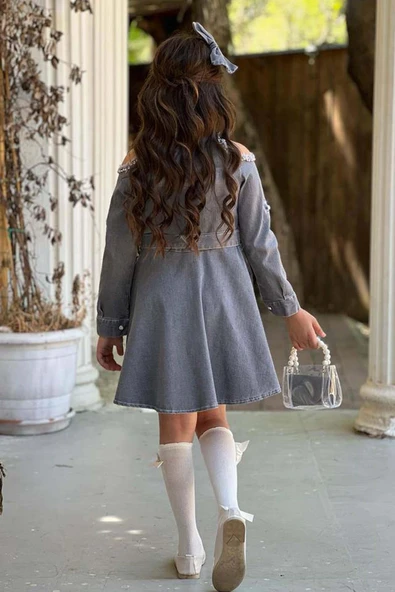 Kız Çocuk Omuzu ve Yakası Taş İşlemeli Gri Kot Elbise - Resim 7