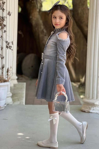 Kız Çocuk Omuzu ve Yakası Taş İşlemeli Gri Kot Elbise - Resim 6