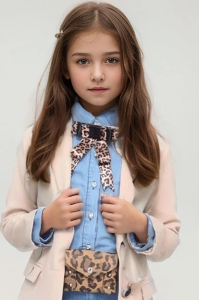 Kız Çocuk Leopar Desenli Fiyonk Detaylı Kot Gömlek Bej Blazer Ceket Etekli Takım - 2